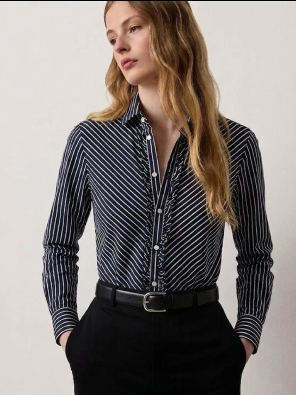 LAUREN RALPH LAUREN Black White Striped Ruffle 100% Silk Blouse Petite M